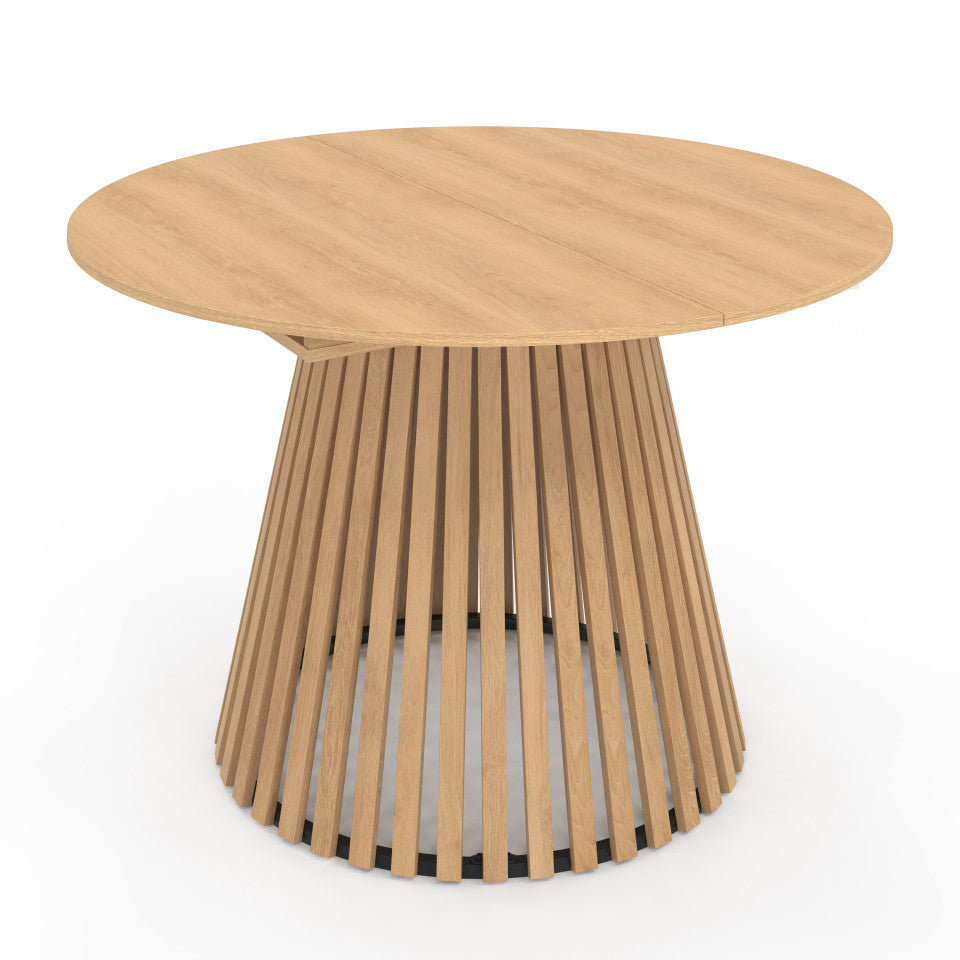 Table repas Camélia plateau rond extensible 110-150cm et pieds lattes