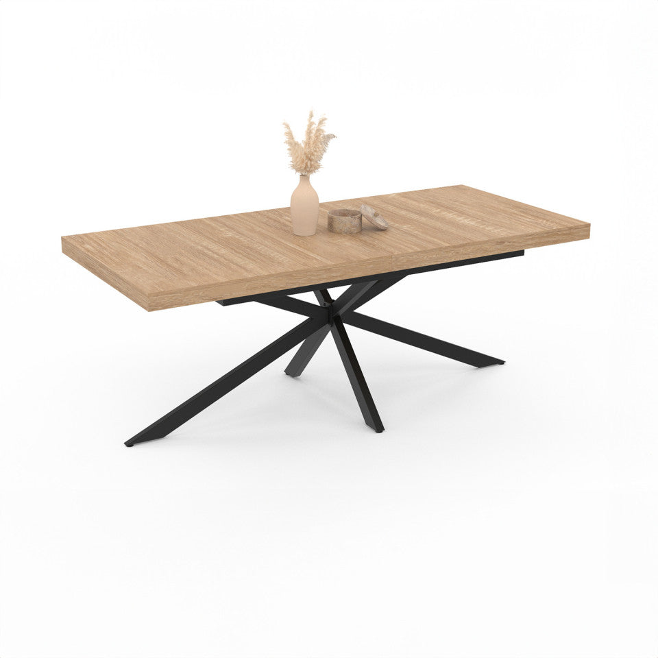 Table repas Spider plateau extensible 160-200cm bois avec rangement intégré et pieds croisés noirs