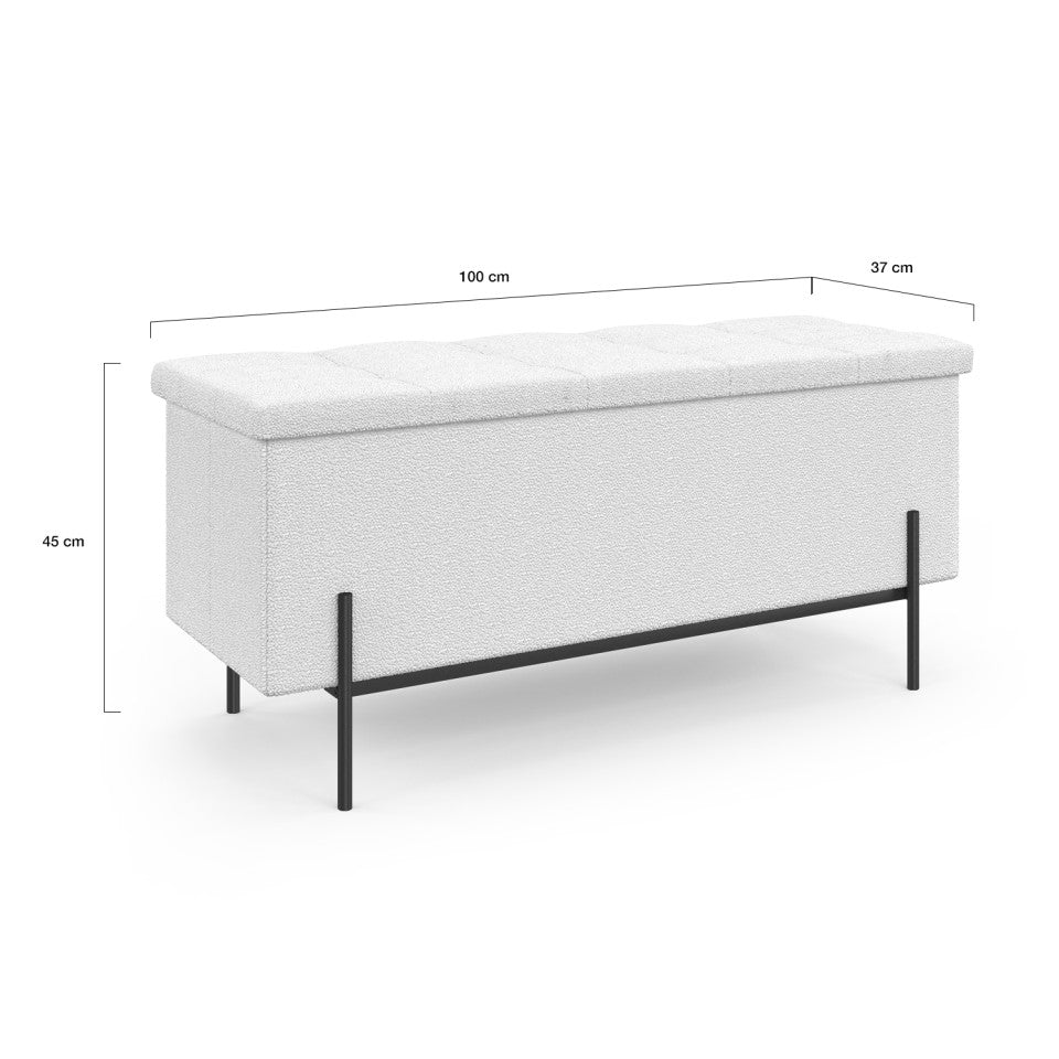 Banc coffre Loan en bouclette blanche et pieds noirs 100cm