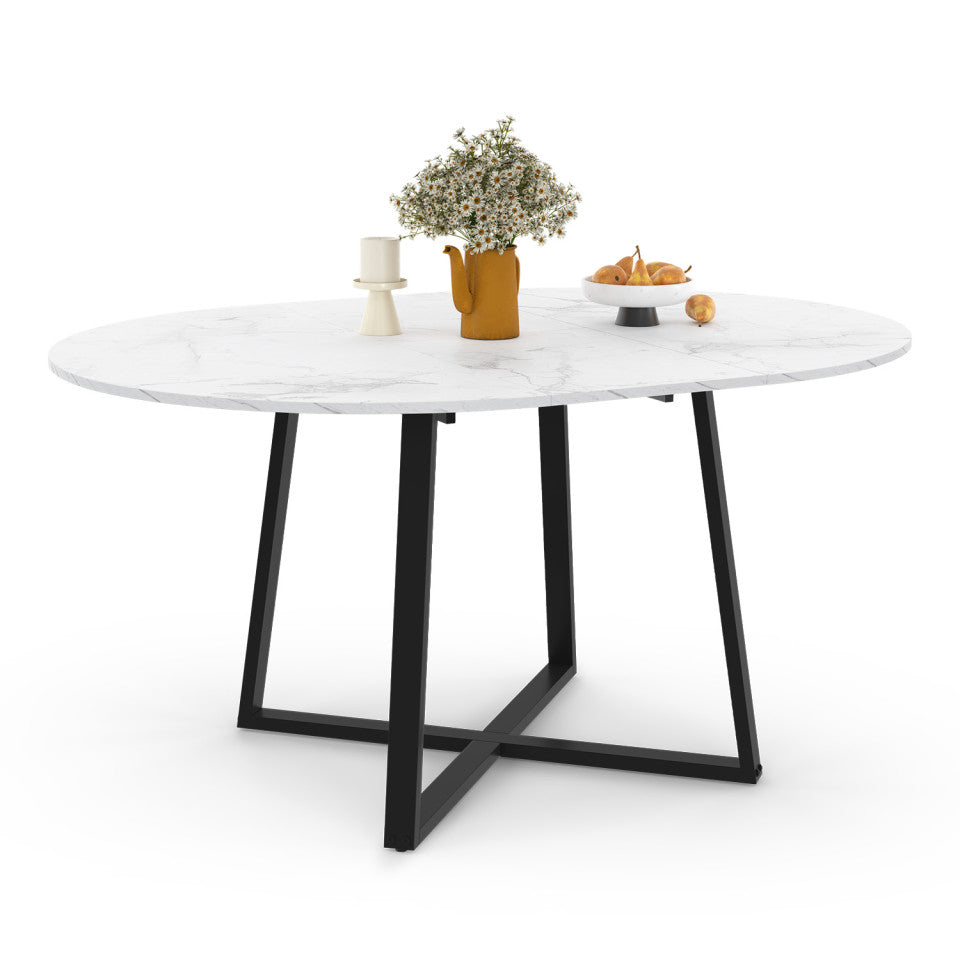 Table repas Sana plateau extensible 110-150cm rond effet marbre et pieds noirs