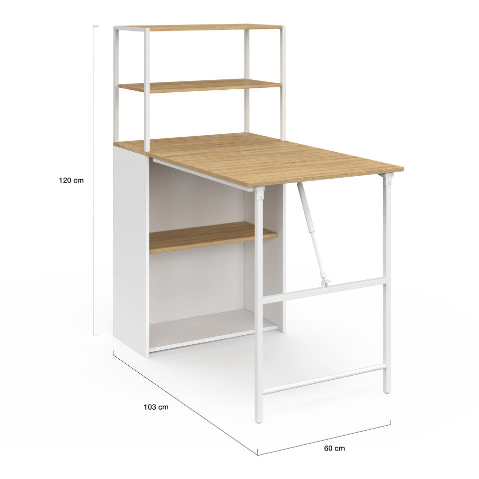 Bureau bibliothèque 2 en 1 pliable Raya blanc et bois
