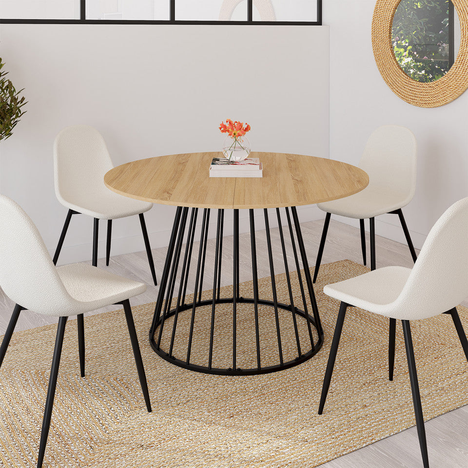 Table repas Adelle plateau rond extensible 110-150cm et pied filaire noir