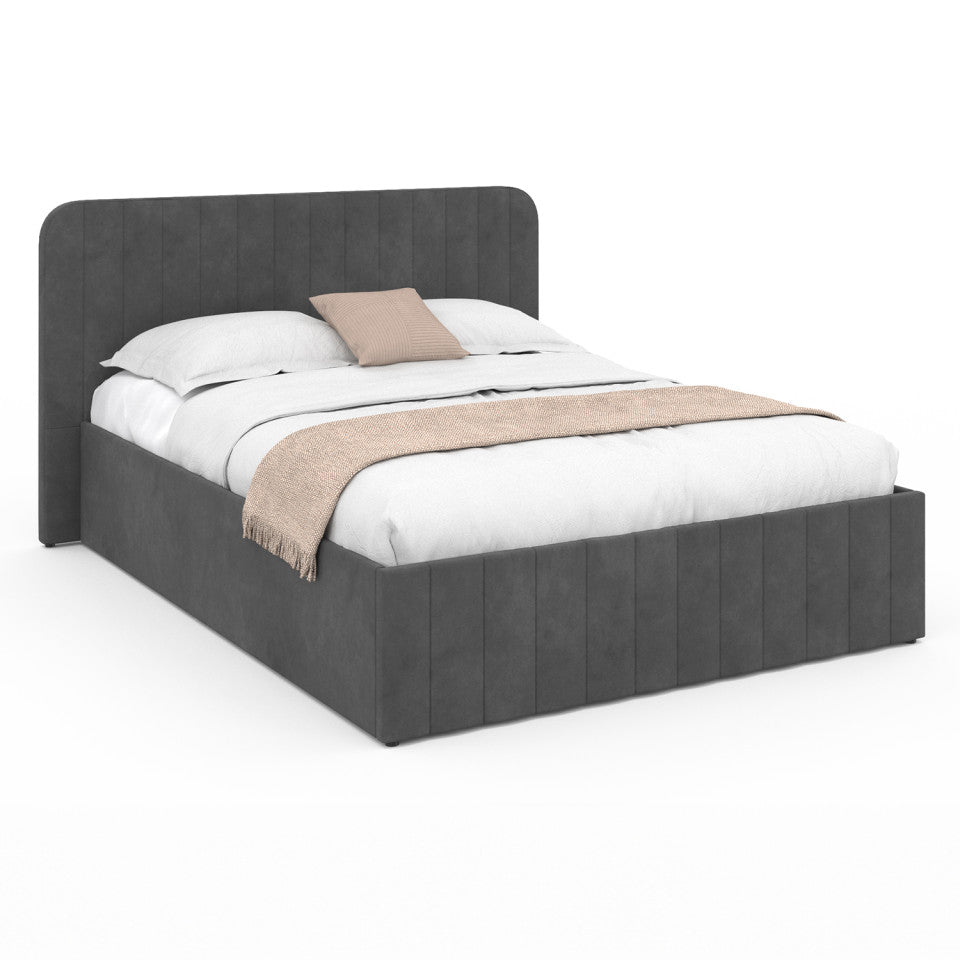 Lit coffre Valentina en velours gris avec sommier et tête de lit 140x190cm