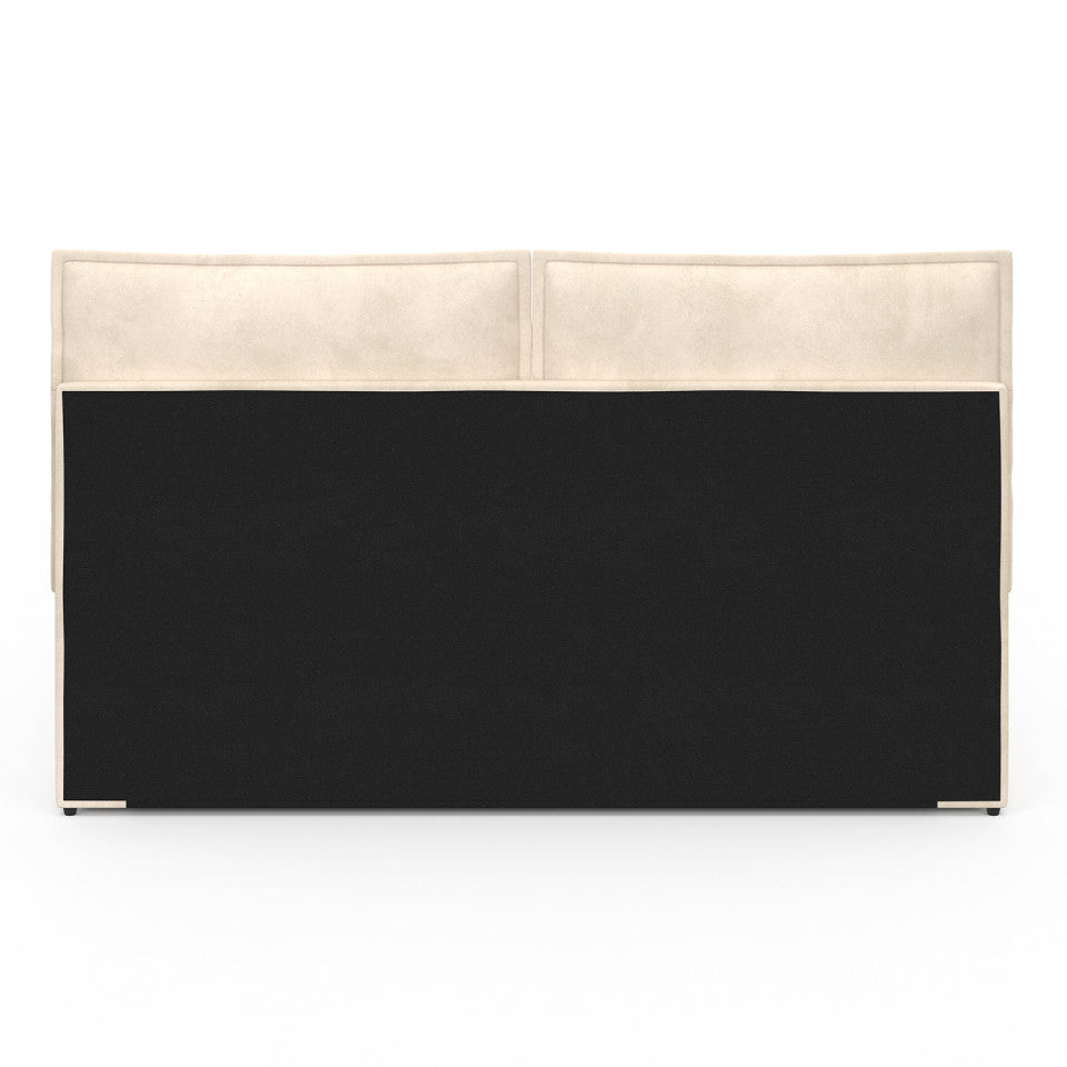 Lit coffre Lilou en velours beige avec sommier et tête de lit effet oreiller 160x200cm