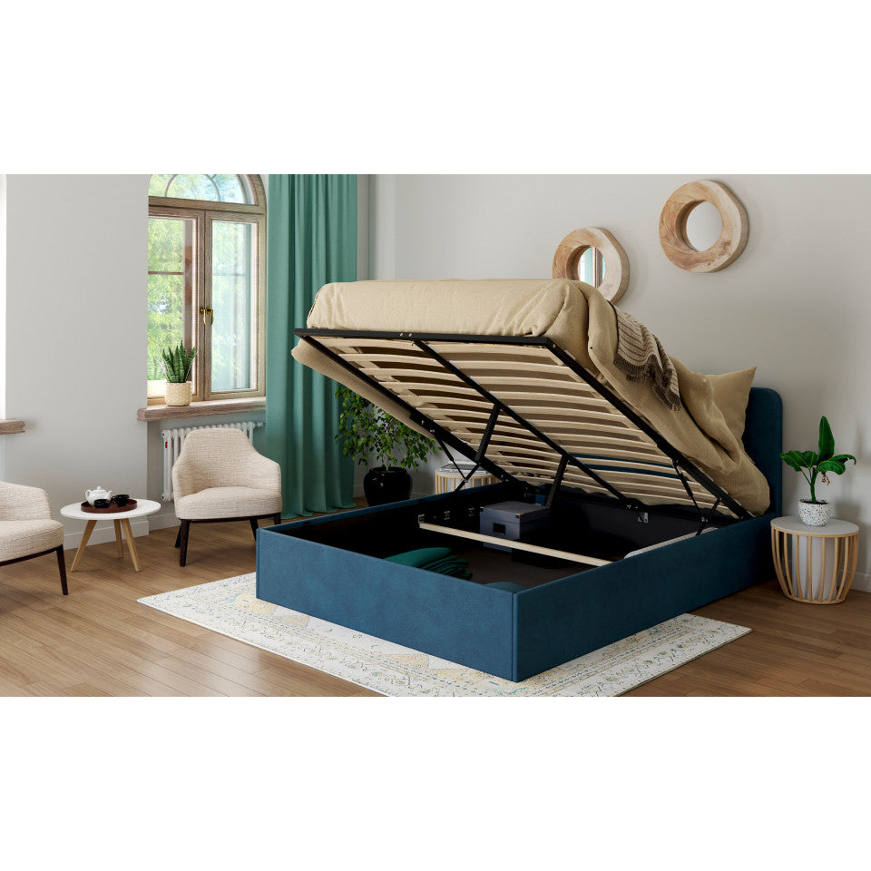 Lit coffre Louise en velours bleu avec sommier et tête de lit arrondie 140x190cm