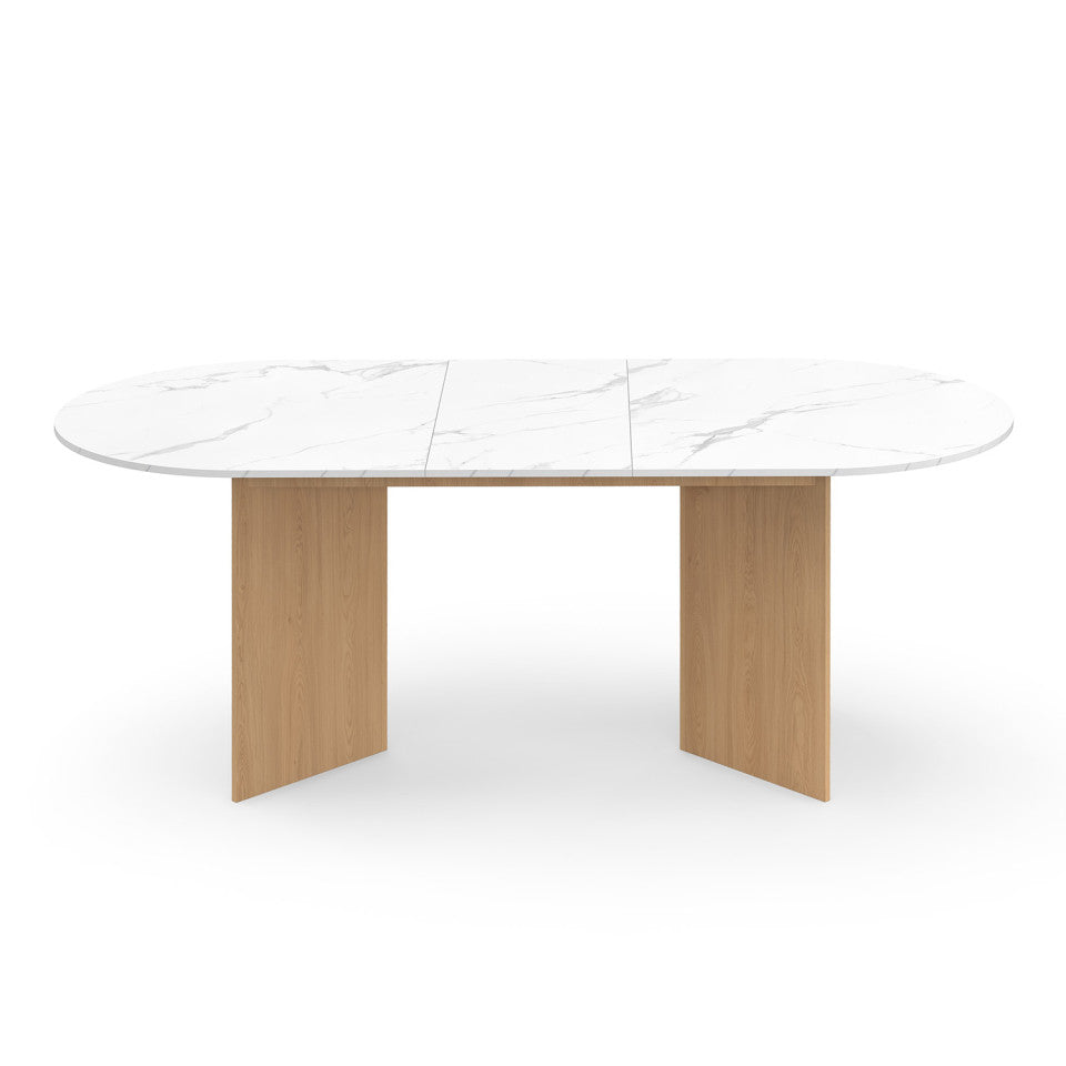 Table à manger extensible Gabin effet marbre blanc et pieds design 160-200cm
