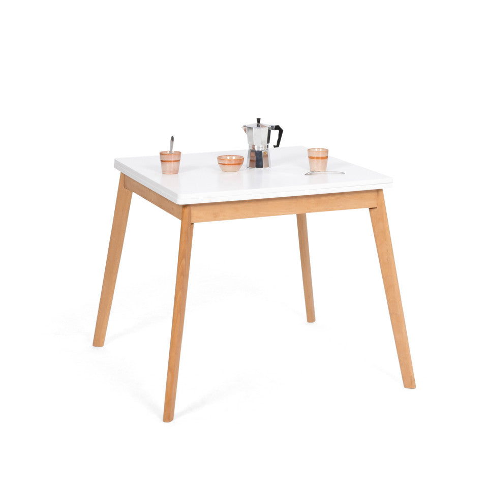 Table repas scandinave pliable 80-160cm plateau blanc et pieds bois