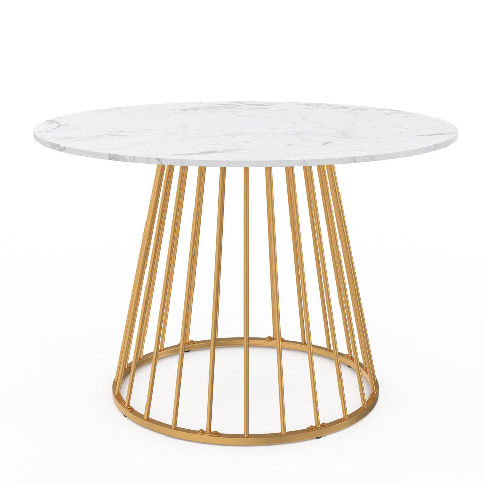 Table repas Adelle plateau rond effet marbre 110cm et pied filaire doré