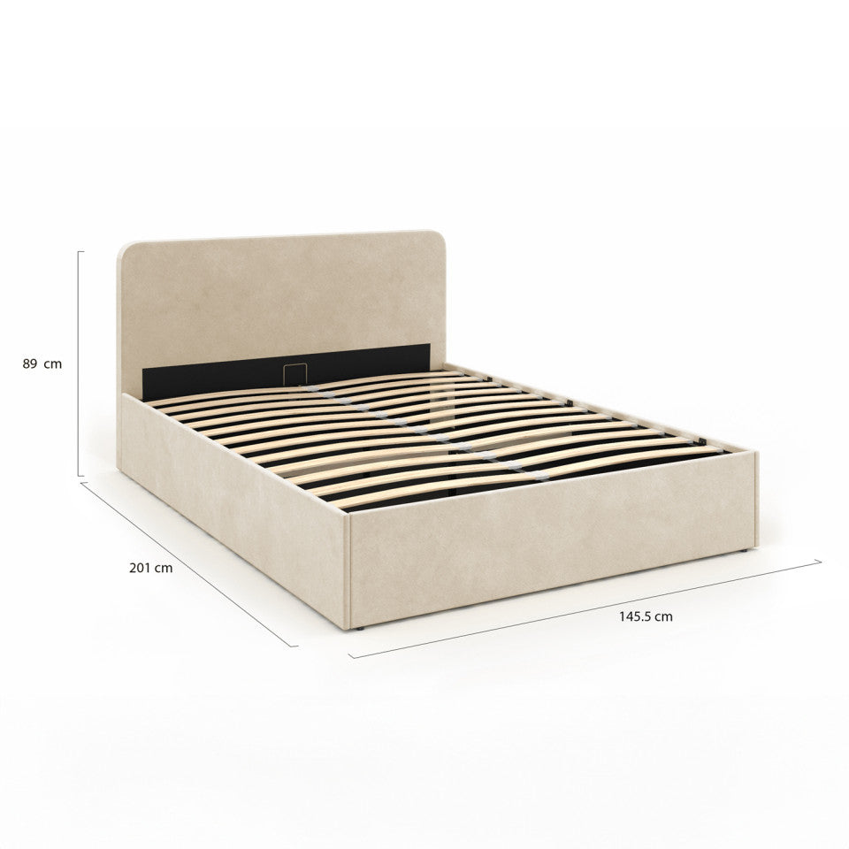 Lit coffre Louise en velours beige avec sommier et tête de lit arrondie 160x200cm