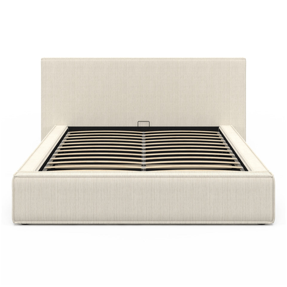 Lit coffre Joyce en velours côtelé beige avec sommier et tête de lit 140x190cm