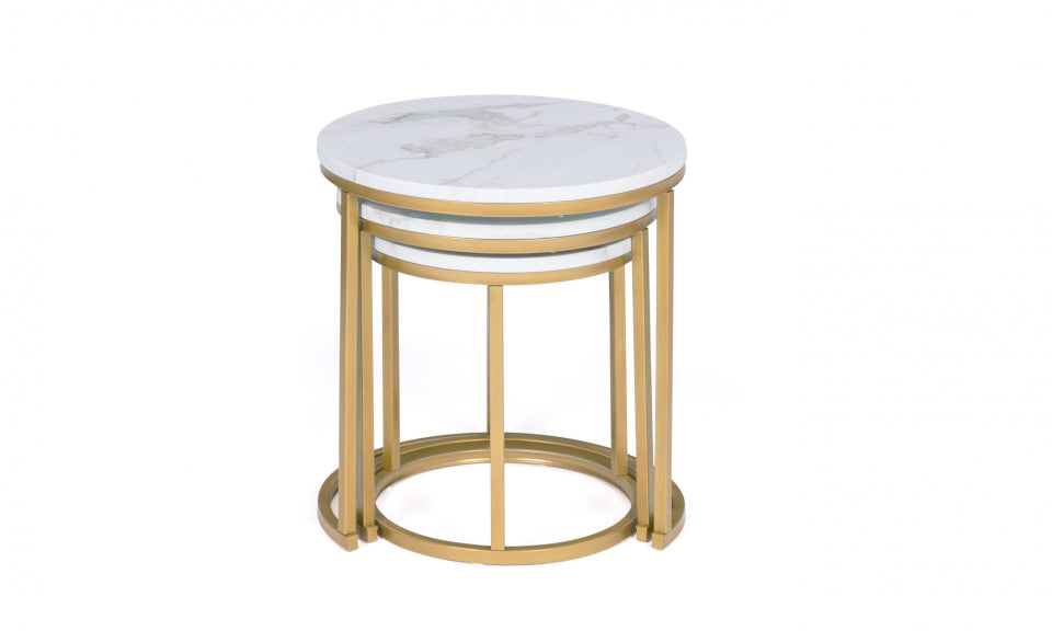 Tables basses rondes gigognes Glam plateau effet marbre blanc et pieds dorés - Lot de 3