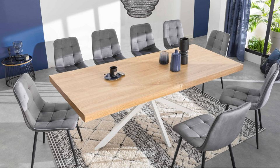 Table repas Spider plateau extensible 160-200cm bois avec rangement intégré et pieds croisés blancs