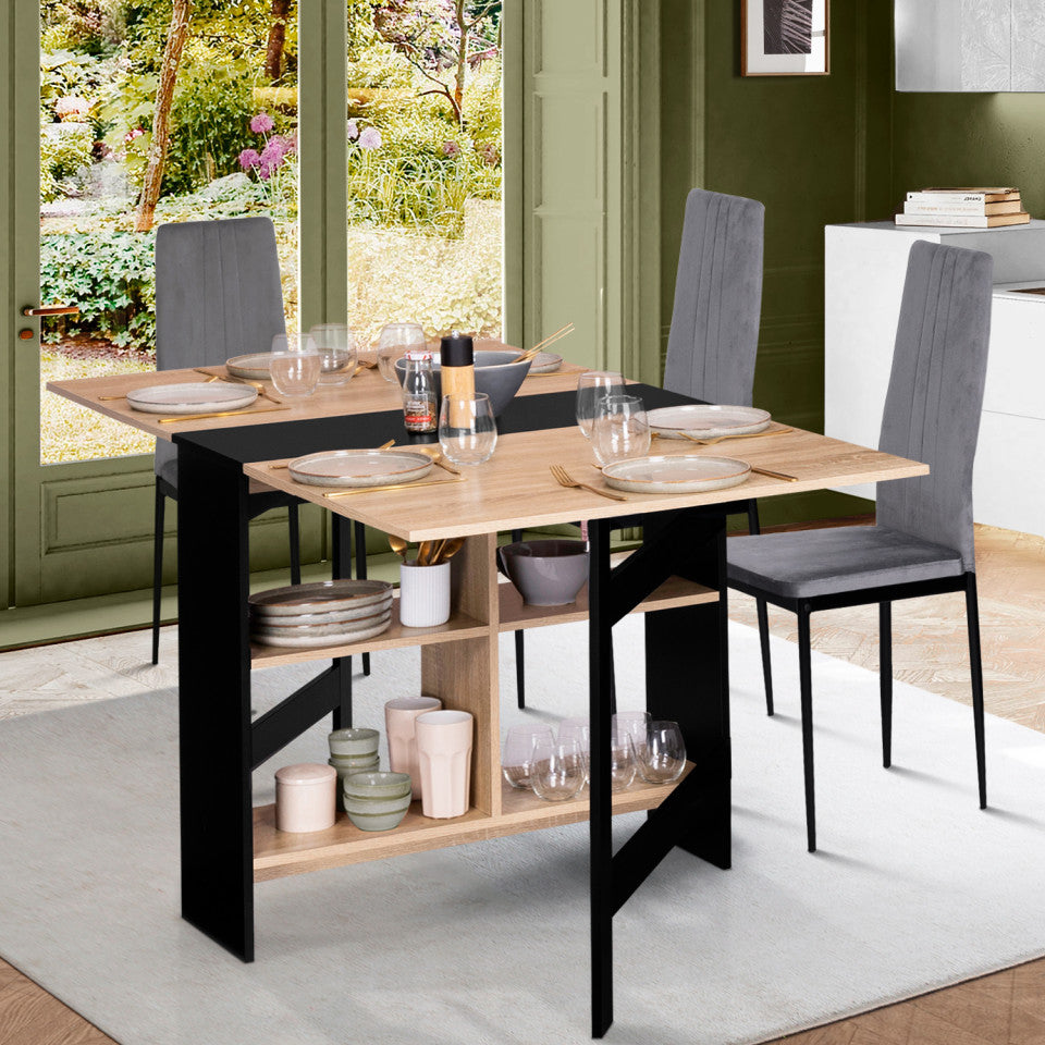 Table repas console pliable Edi plateau naturel et pieds noirs avec rangements