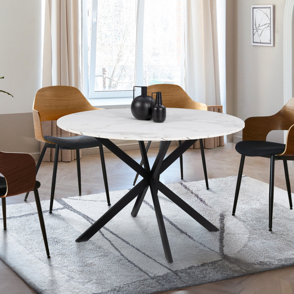 Table repas Soline 110cm plateau rond effet marbre et pieds croisés noirs