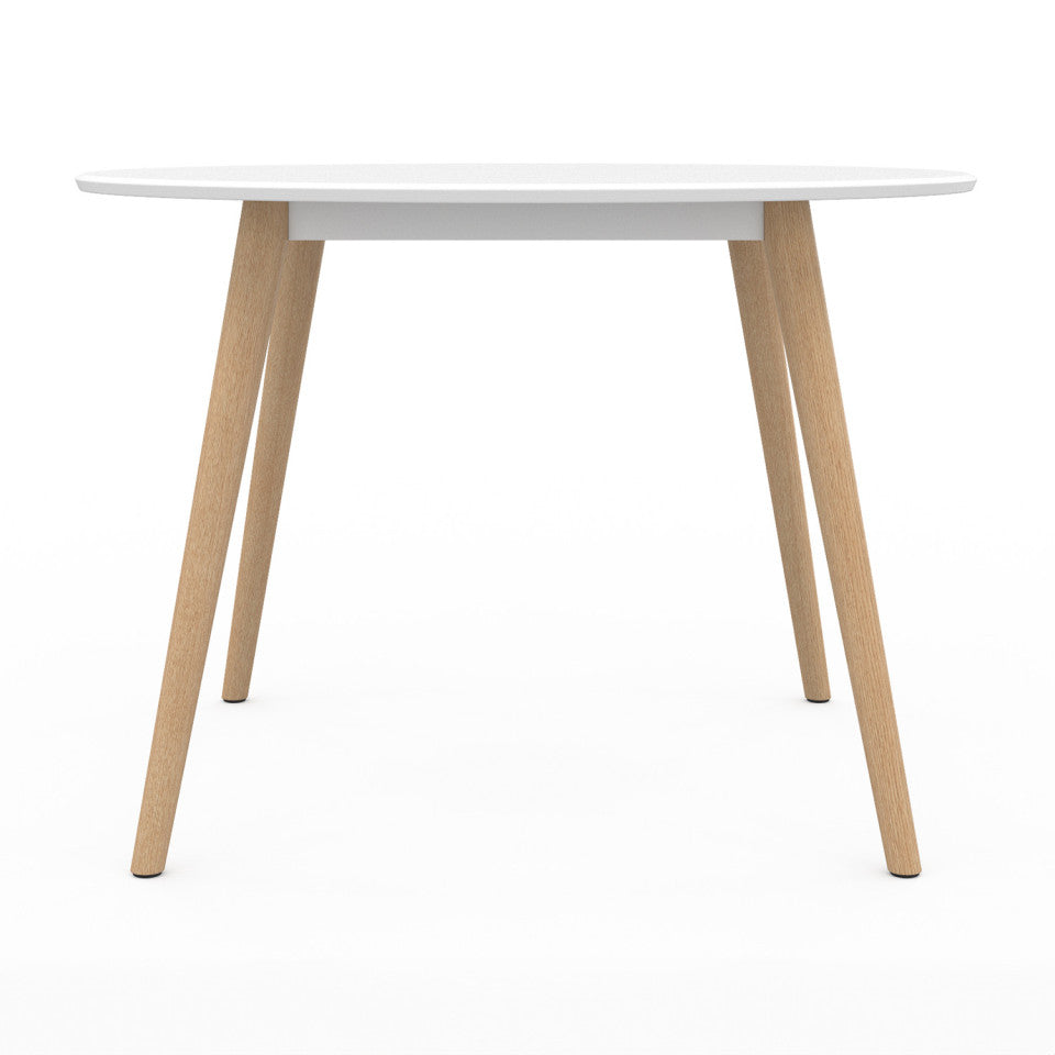 Table repas Stacy 110cm plateau rond blanc et pieds bois