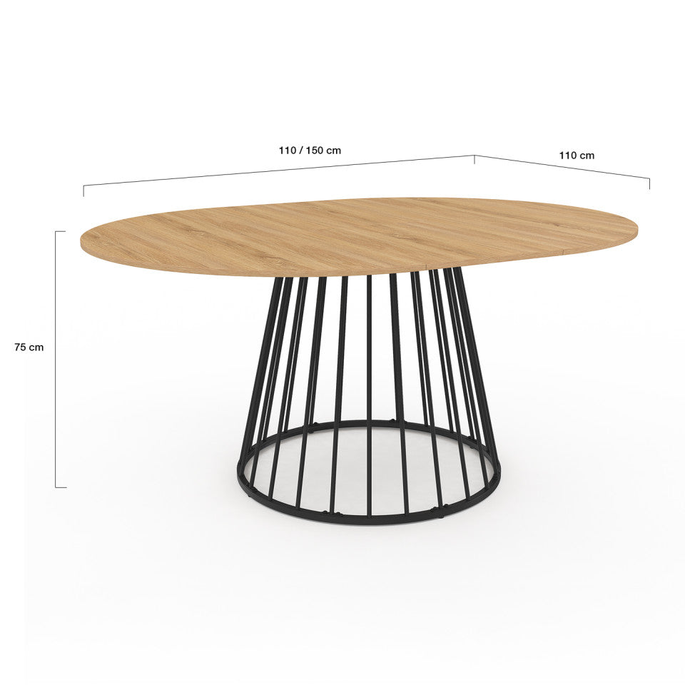 Table repas Adelle plateau rond extensible 110-150cm et pied filaire noir