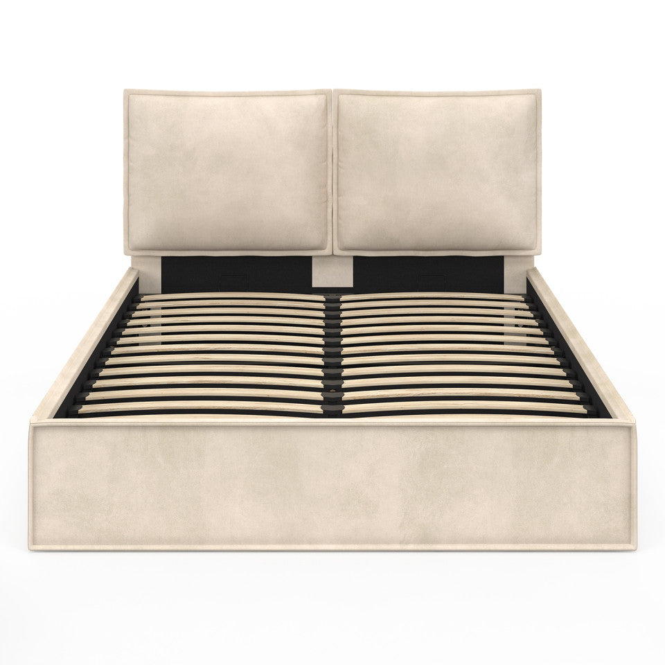 Lit coffre Lilou en velours beige avec sommier et tête de lit effet oreiller 140x190cm