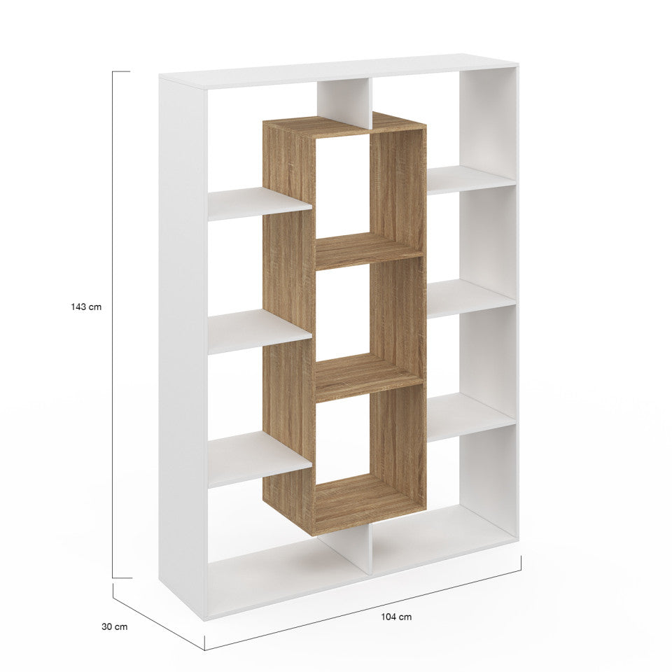 Etagère bibliothèque Paulette 11 compartiments bois et blanche 143cm