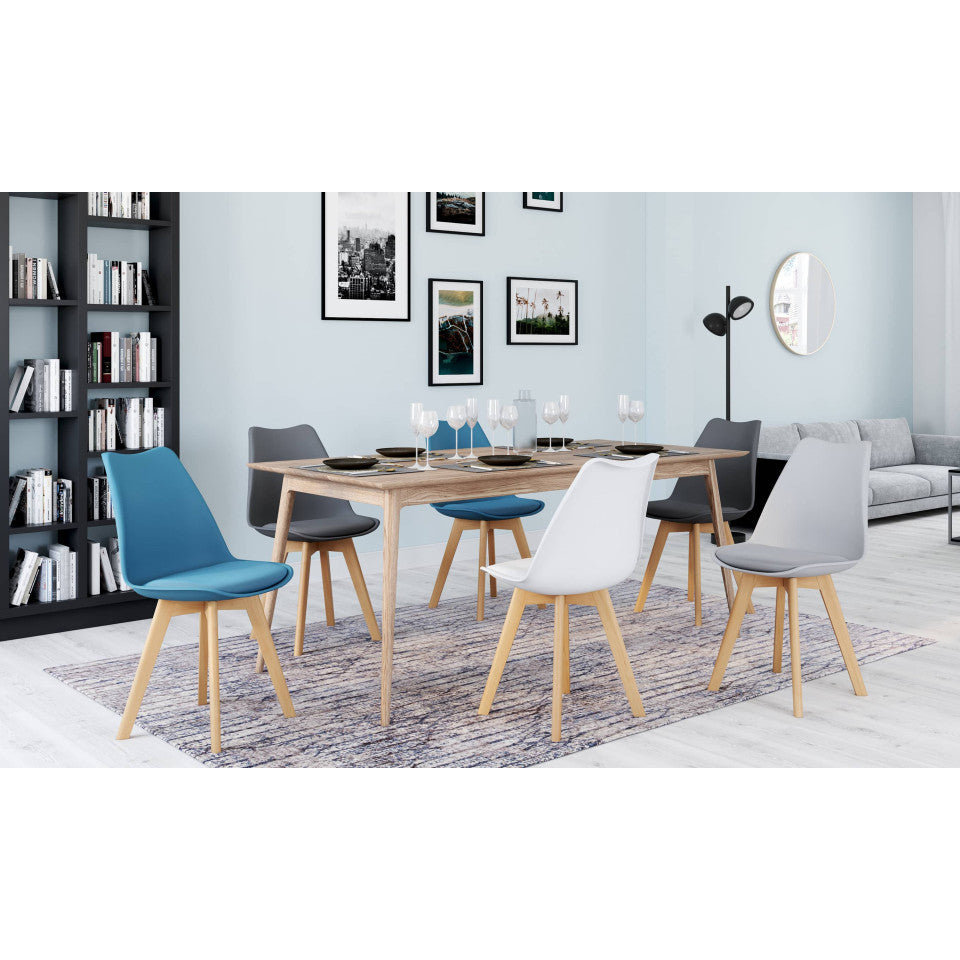 Chaises Nordia assise mix de couleurs : 1x blanc, 1x gris clair, 2x bleu canard et 2x gris foncé - lot de 6