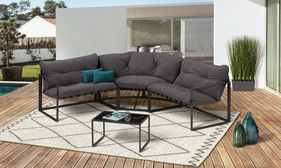 Salon de jardin d'angle Tropéa 6 places en acier avec coussins gris