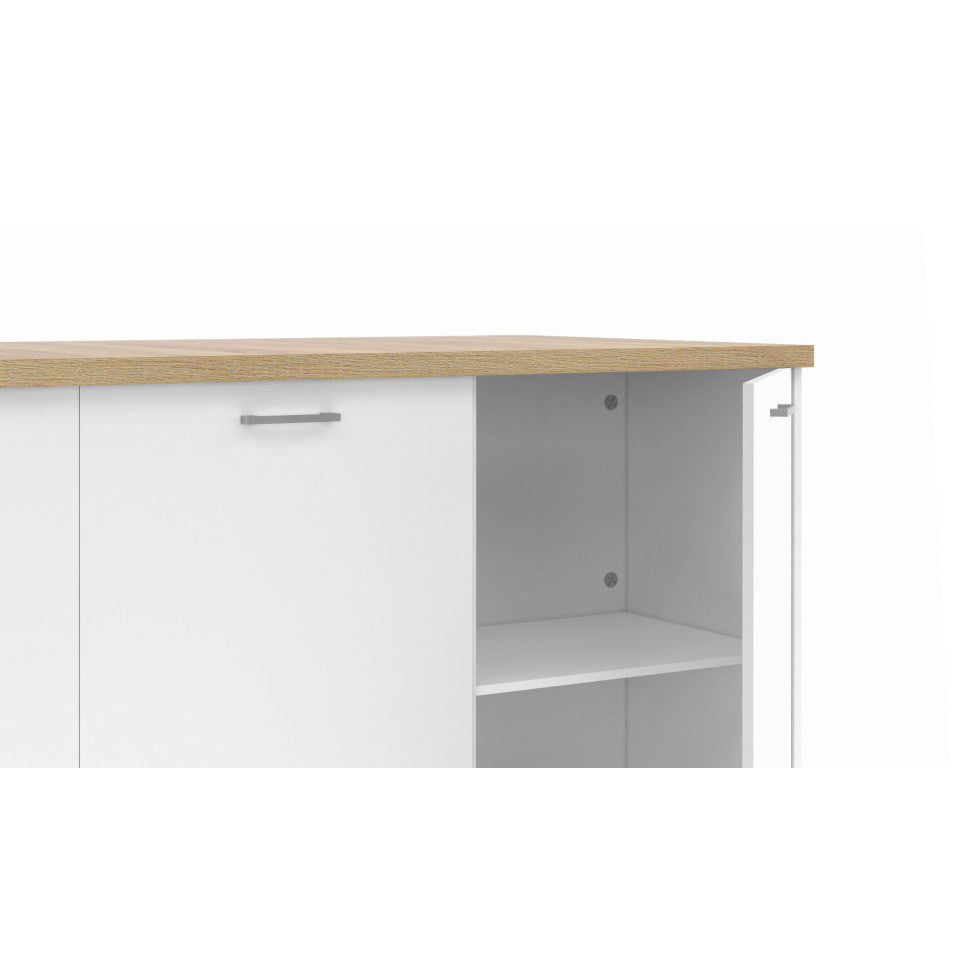 Ilot central de cuisine Dario L120cm bois et blanc avec rangements