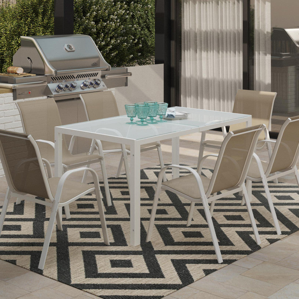 Ensemble de jardin Minorca 6 places en textiléne et verre trempé blanc et beige