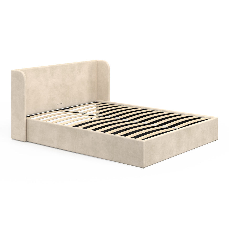 Lit coffre Lucia en velours beige avec sommier et tête de lit 160x200cm