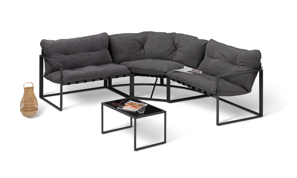 Salon de jardin d'angle Tropéa 6 places en acier avec coussins gris