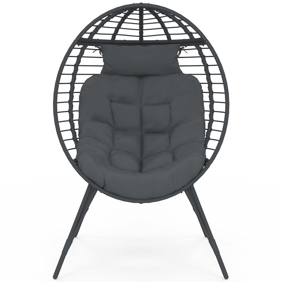 Fauteuil œuf sur pied effet rotin gris avec coussin
