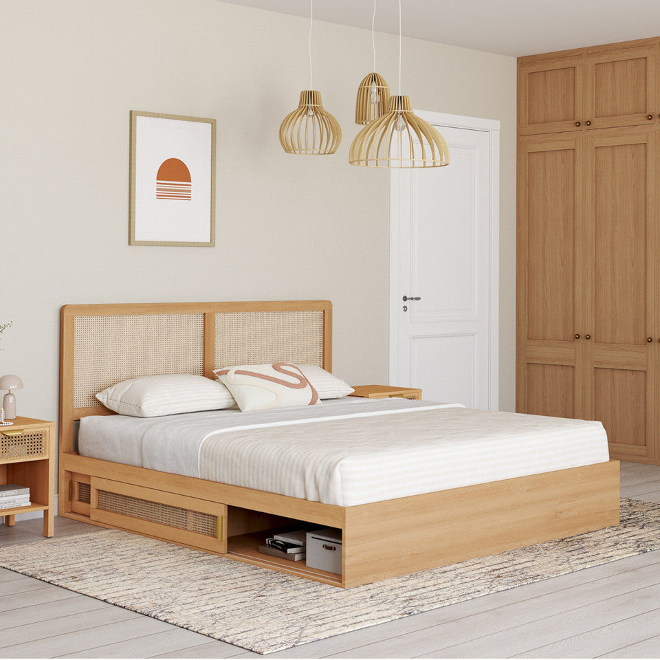 Lit Eve avec tête de lit cannage et tiroirs intégrés 160x200cm