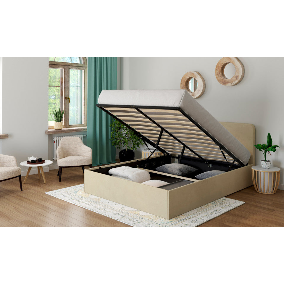 Lit coffre Louise en velours beige avec sommier et tête de lit arrondie 140x190cm