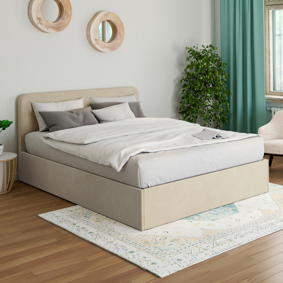 Lit coffre Louise en velours beige avec sommier et tête de lit arrondie 160x200cm