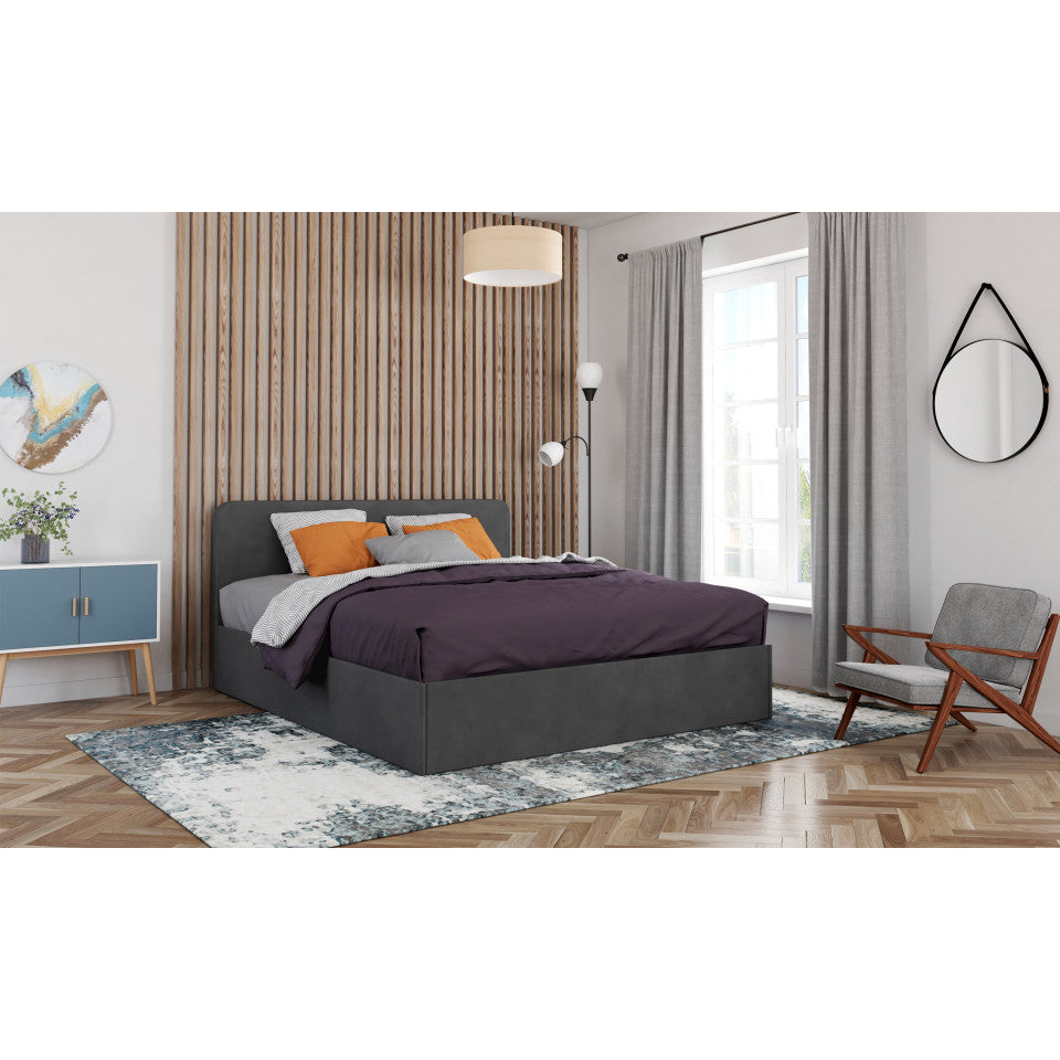 Lit coffre Louise en velours gris avec sommier et tête de lit arrondie 160x200cm