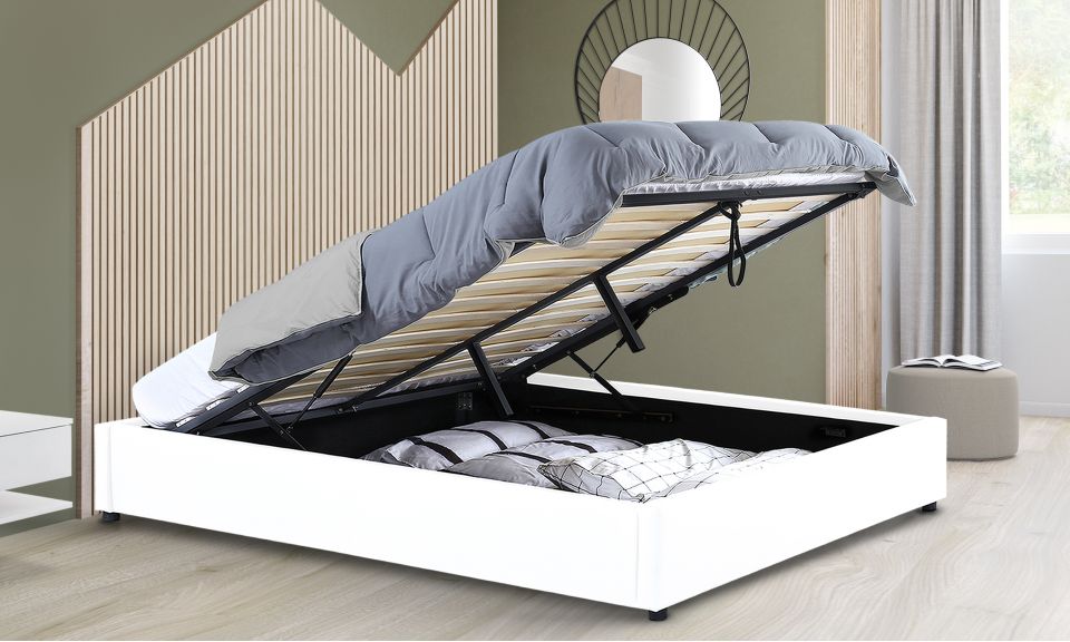 Lit coffre Otto en similicuir blanc avec sommier 160x200cm