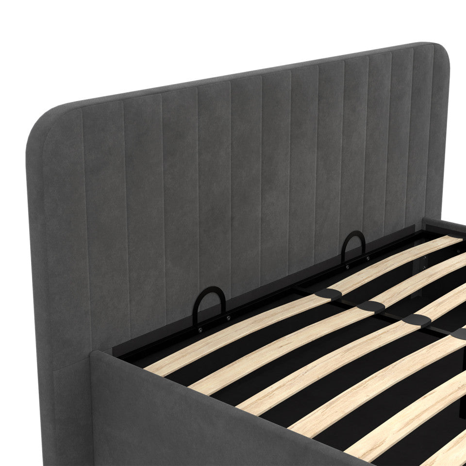 Lit coffre Valentina en velours gris avec sommier et tête de lit 140x190cm