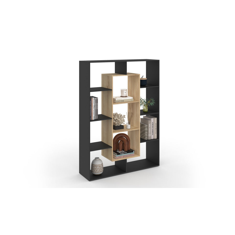 Etagère bibliothèque Paulette 11 compartiments bois et noire 143cm
