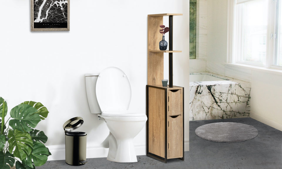 Colonne pour salle de bain avec étagères + 2 portes naturel Timéo