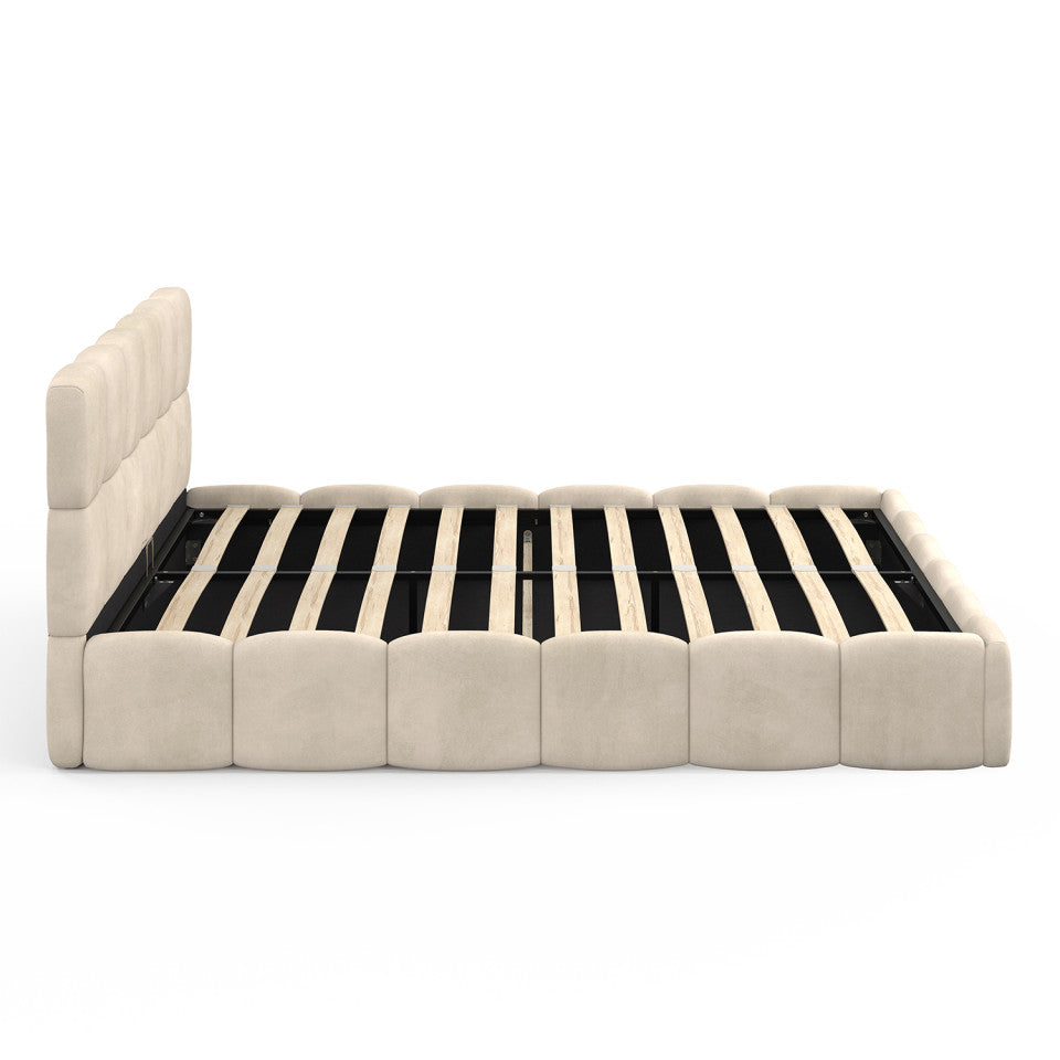 Lit coffre Bubble en velours beige avec sommier et tête de lit 160x200cm