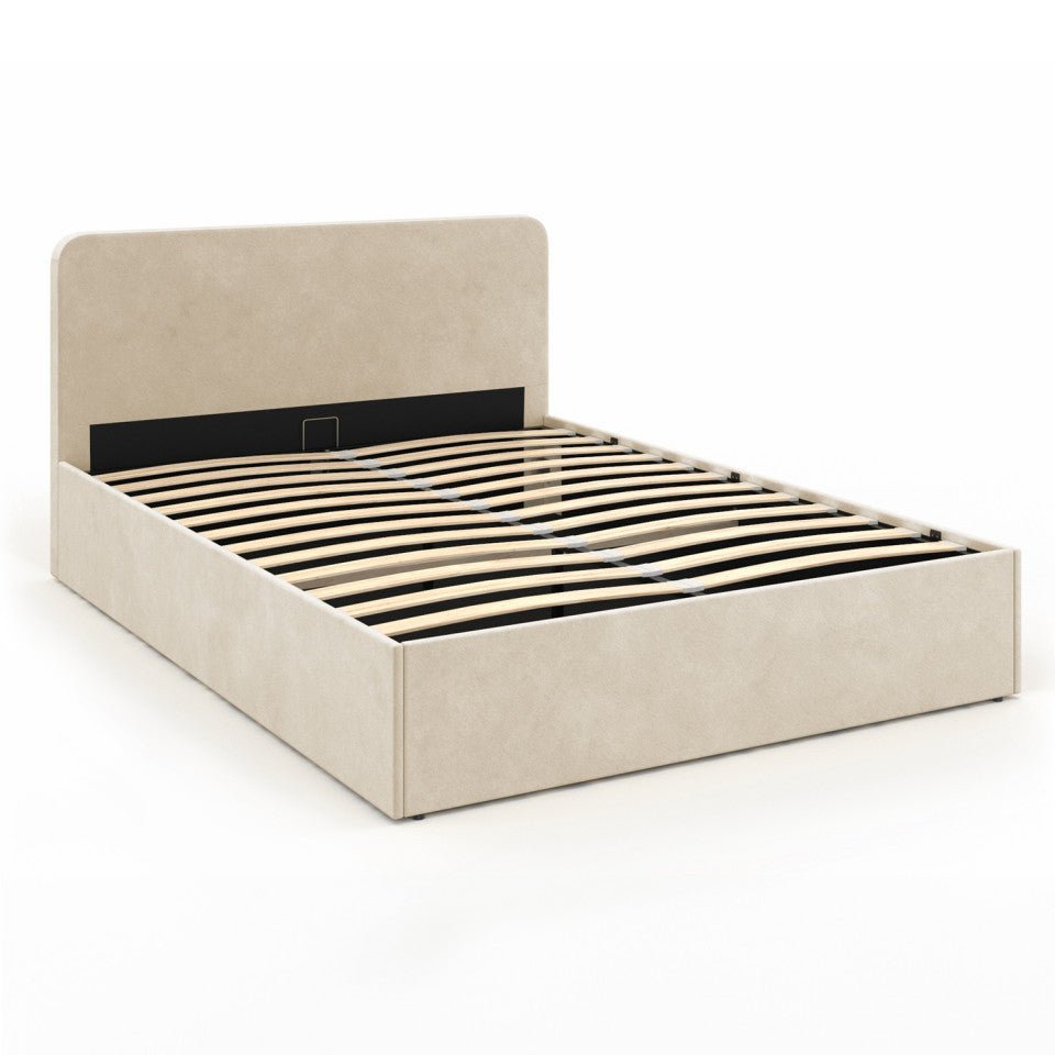 Lit coffre Louise en velours beige avec sommier et tête de lit arrondie 160x200cm