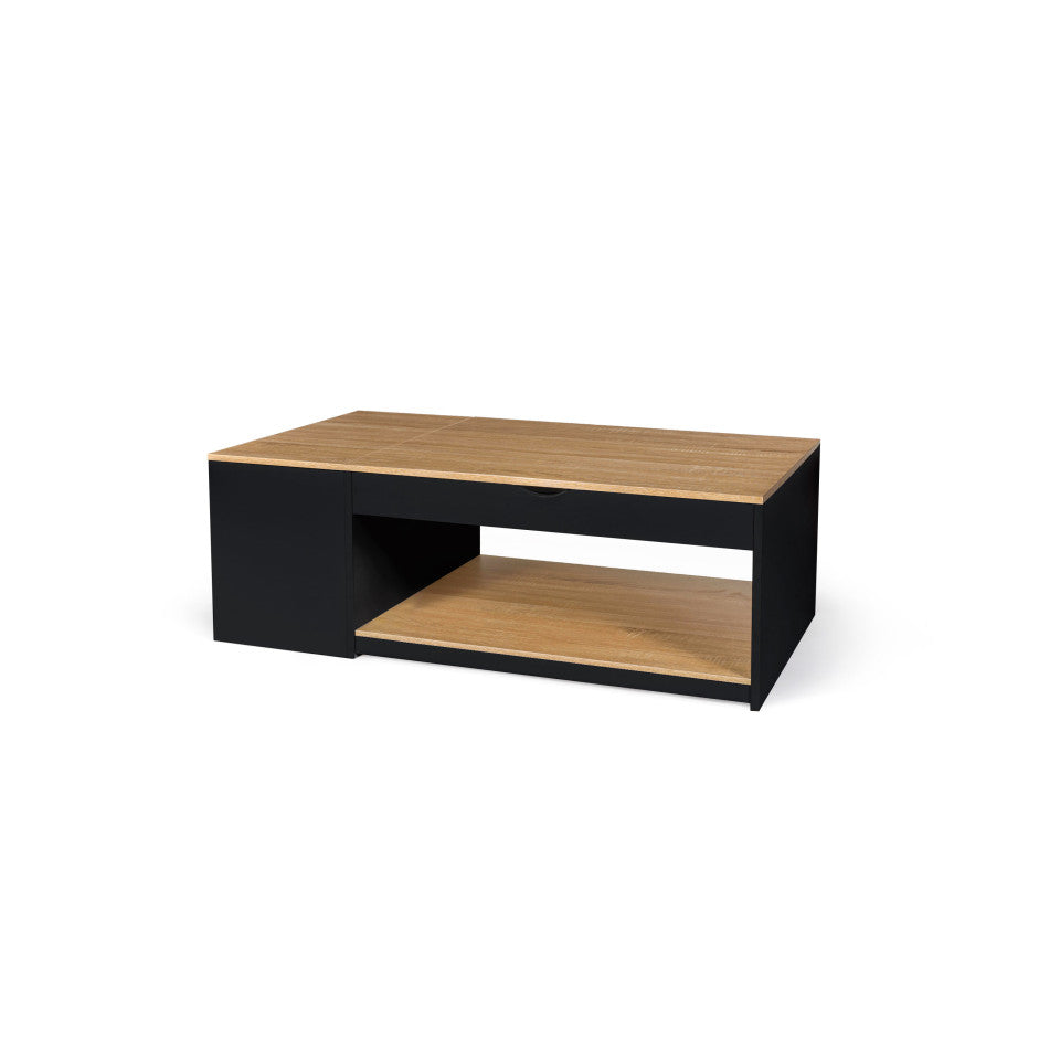 Table basse Elina avec plateau relevable et coffre latéral noir et bois L110cm