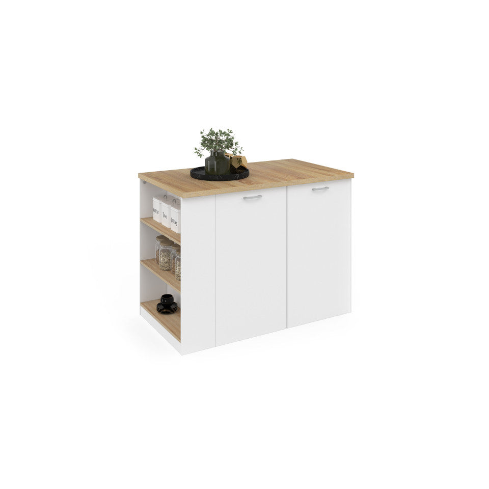 Ilot central de cuisine Dario L120cm bois et blanc avec rangements