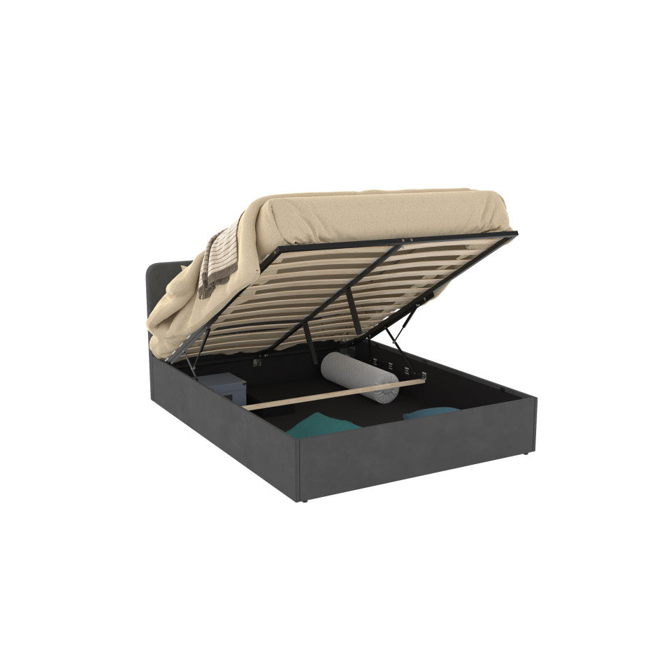 Lit coffre Louise en velours gris avec sommier et tête de lit arrondie 140x190cm