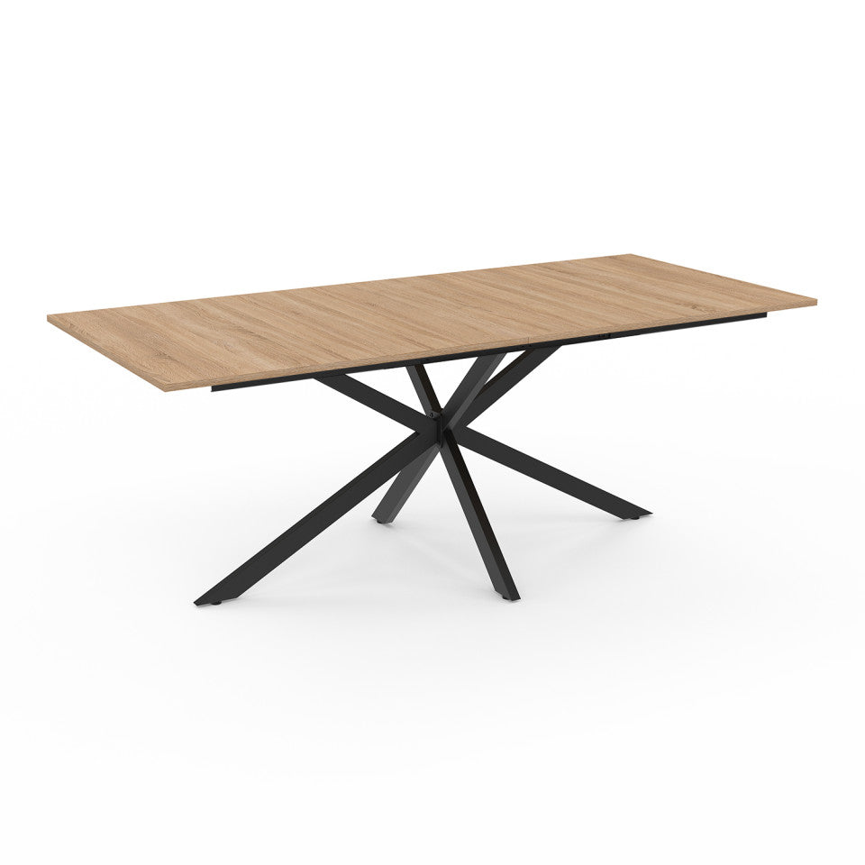 Table repas Spider plateau extensible 200-240cm bois avec rangement intégré et pieds croisés noirs