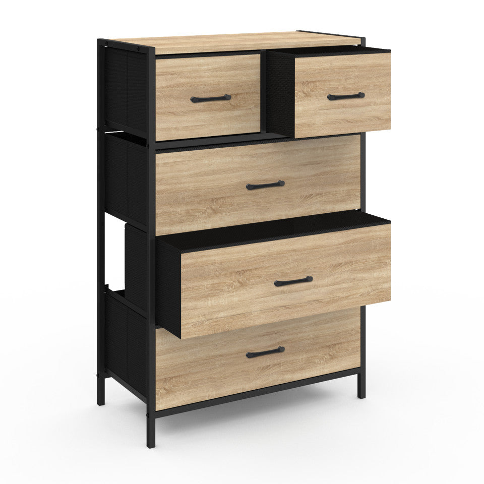 Chiffonnier Iris 5 tiroirs en bois et tissu