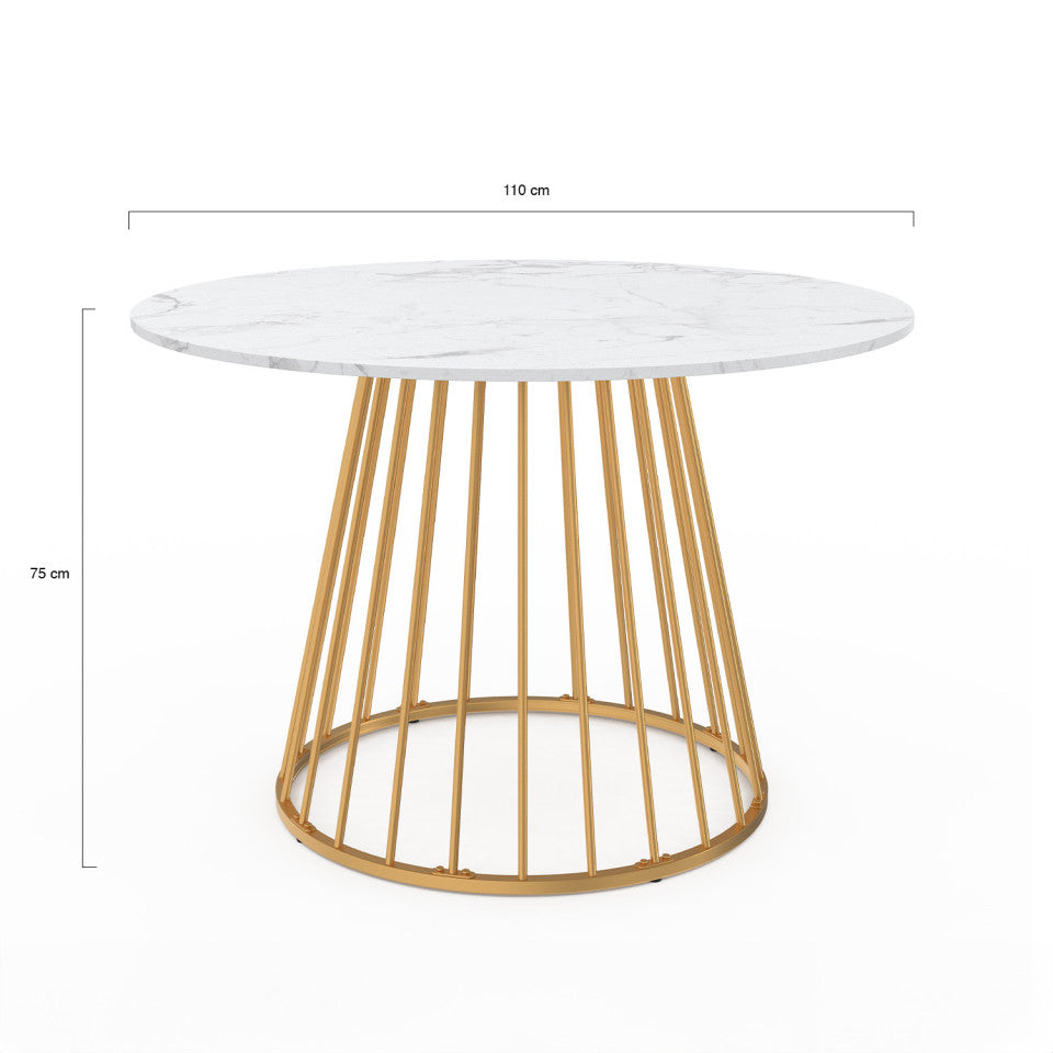 Table repas Adelle plateau rond effet marbre 110cm et pied filaire doré