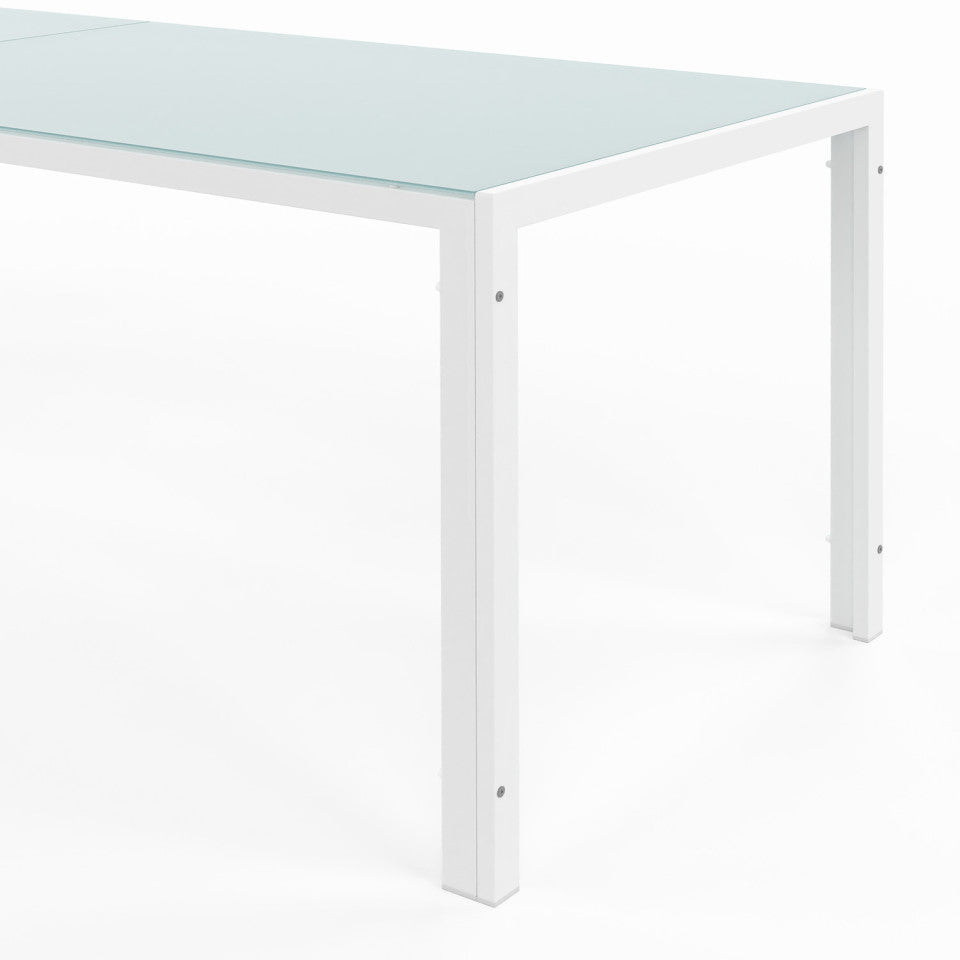 Ensemble repas Formentera 10 places en acier beige et verre trempé 240 cm