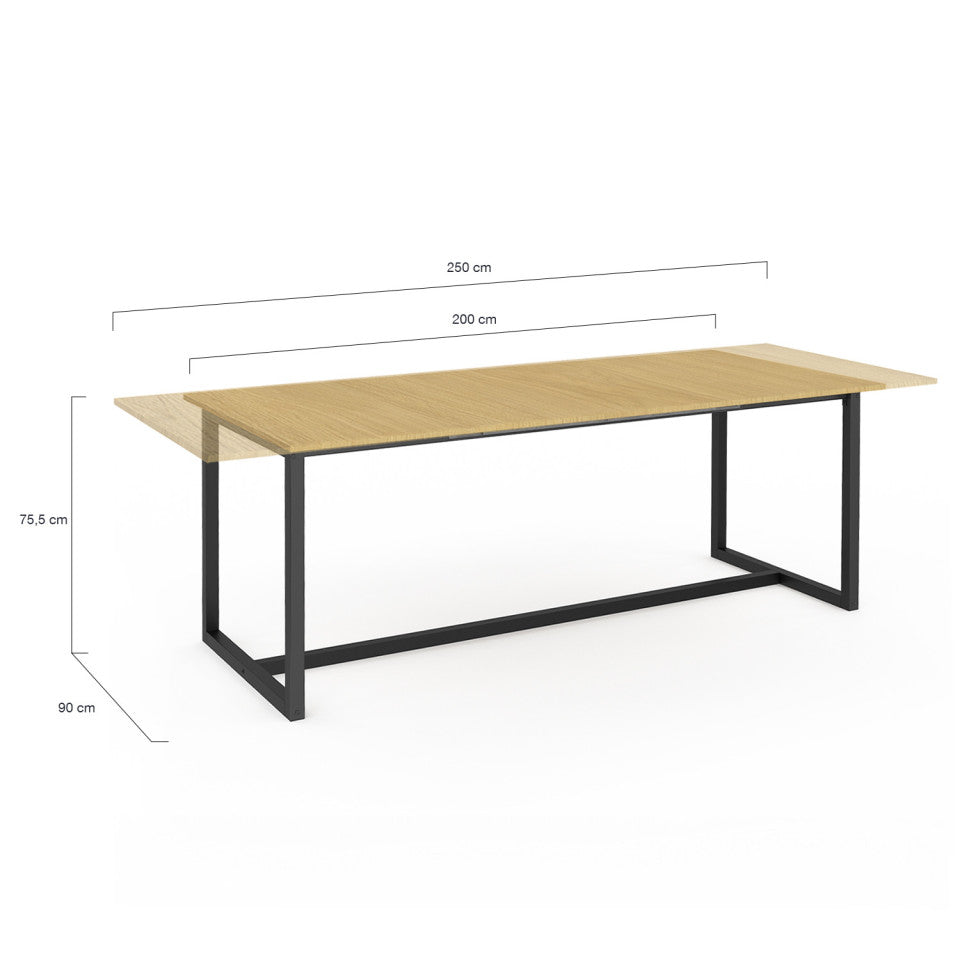 Table repas extensible Memphis 200-250cm plateau bois et pieds noirs