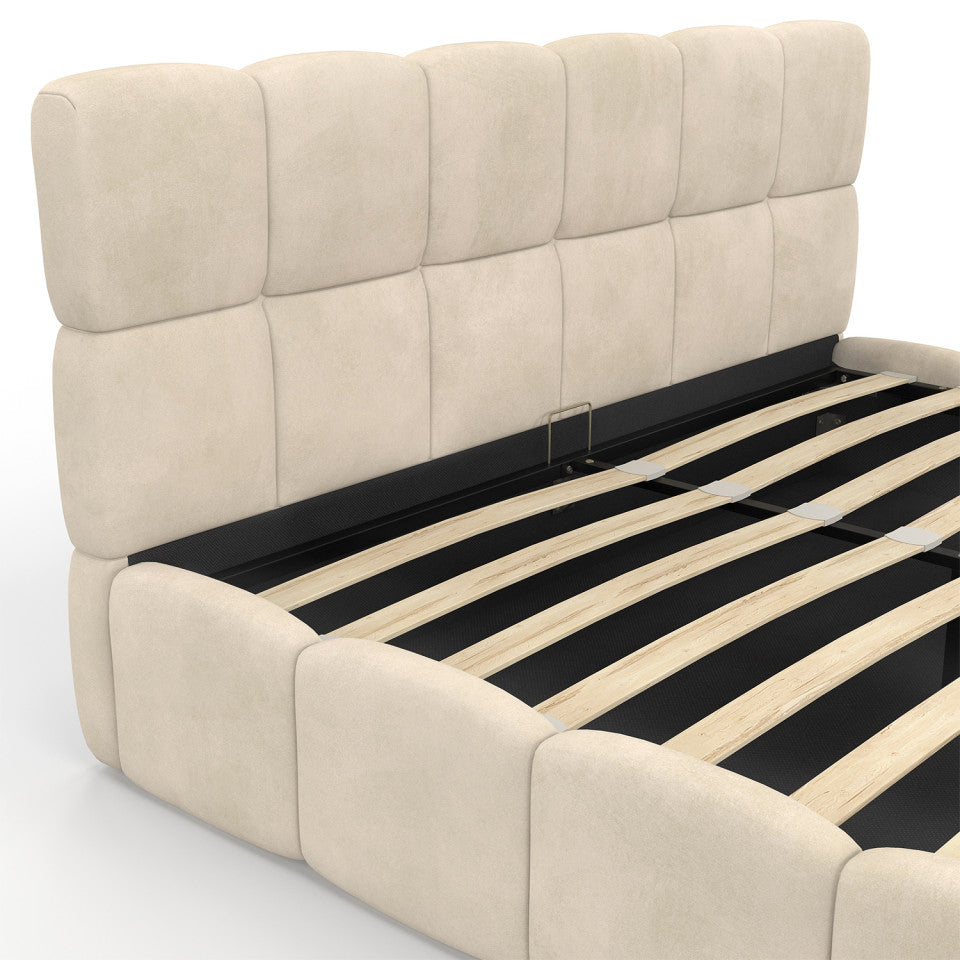 Lit coffre Bubble en velours beige avec sommier et tête de lit 160x200cm