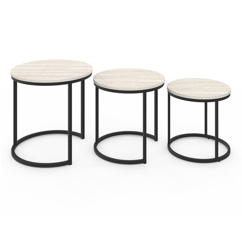 Tables basses gigognes Memphis effet travertin et pieds noirs - lot de 3