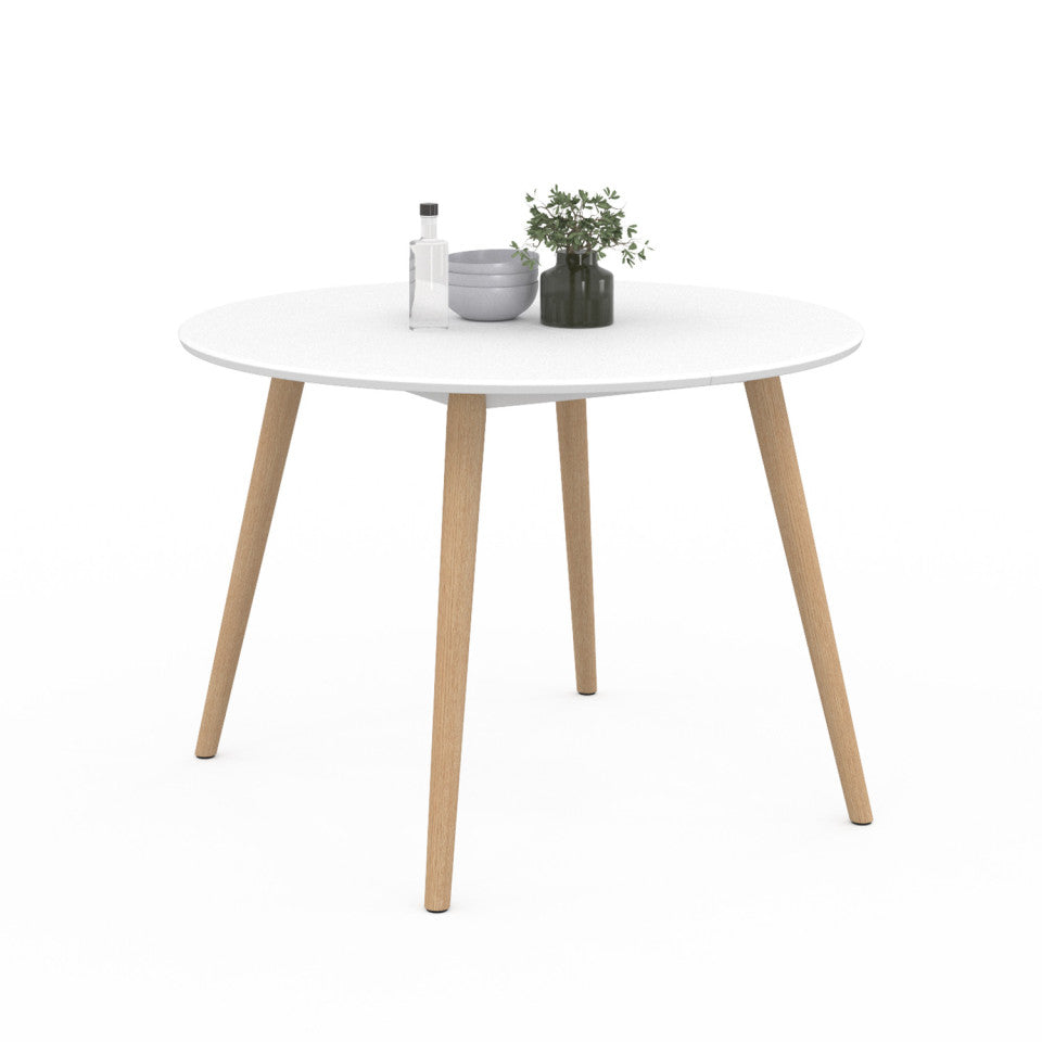Table repas Stacy 110cm plateau rond blanc et pieds bois
